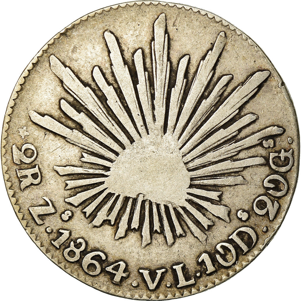 Münze, Mexiko, 2 Reales, 1864, Zacatecas, S+, Silber, KM:374.12