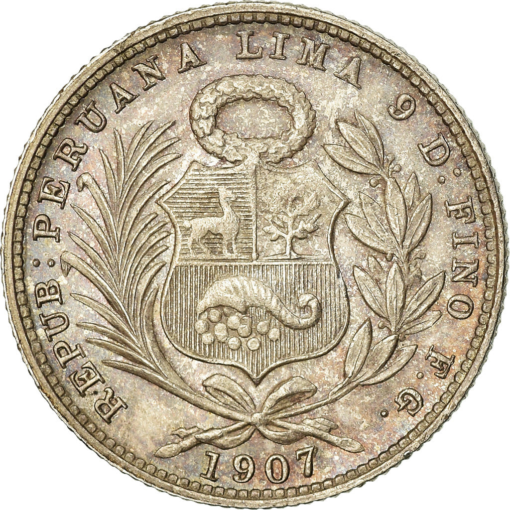 Moeda, Peru, 1/5 Sol, 1907, Lima, AU(55-58), Prata, KM:205.2