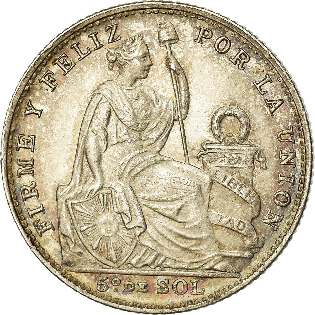 Moeda, Peru, 1/5 Sol, 1907, Lima, AU(55-58), Prata, KM:205.2