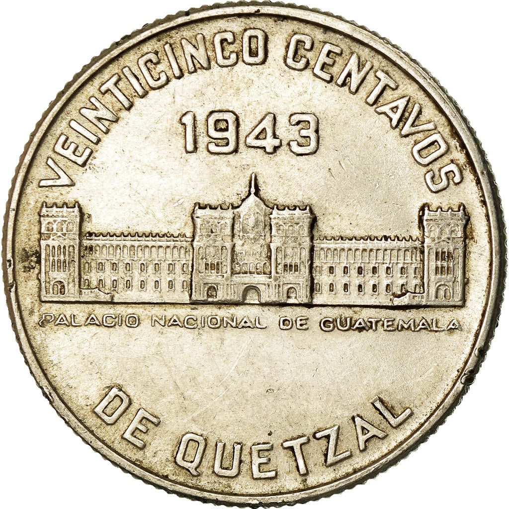 Coin, Guatemala, 25 Centavos, 1943, Philadelphia, AU(50-53), Silver, KM:253
