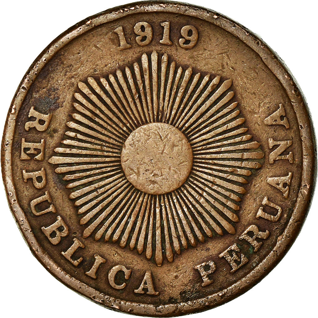 Coin, Peru, 2 Centavos, 1919, Philadelphia, EF(40-45), Copper Or Bronze, KM:A212
