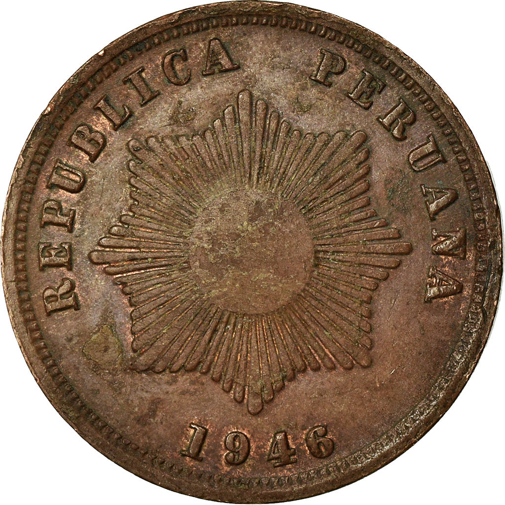 Moneda, Perú, 2 Centavos, 1946, MBC+, Cobre o bronce, KM:212.2
