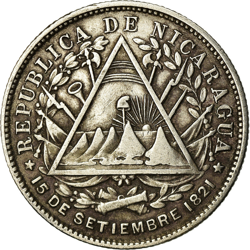 Coin, Nicaragua, 20 Centavos, 1887, Heaton, Birmingham, EF(40-45), Silver, KM:7