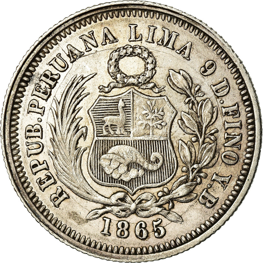 Moneda, Perú, SOUTH PERU, 1/5 Sol, 1865, Lima, MBC, Plata, KM:191