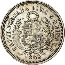 Moneda, Perú, SOUTH PERU, 1/5 Sol, 1865, Lima, MBC, Plata, KM:191