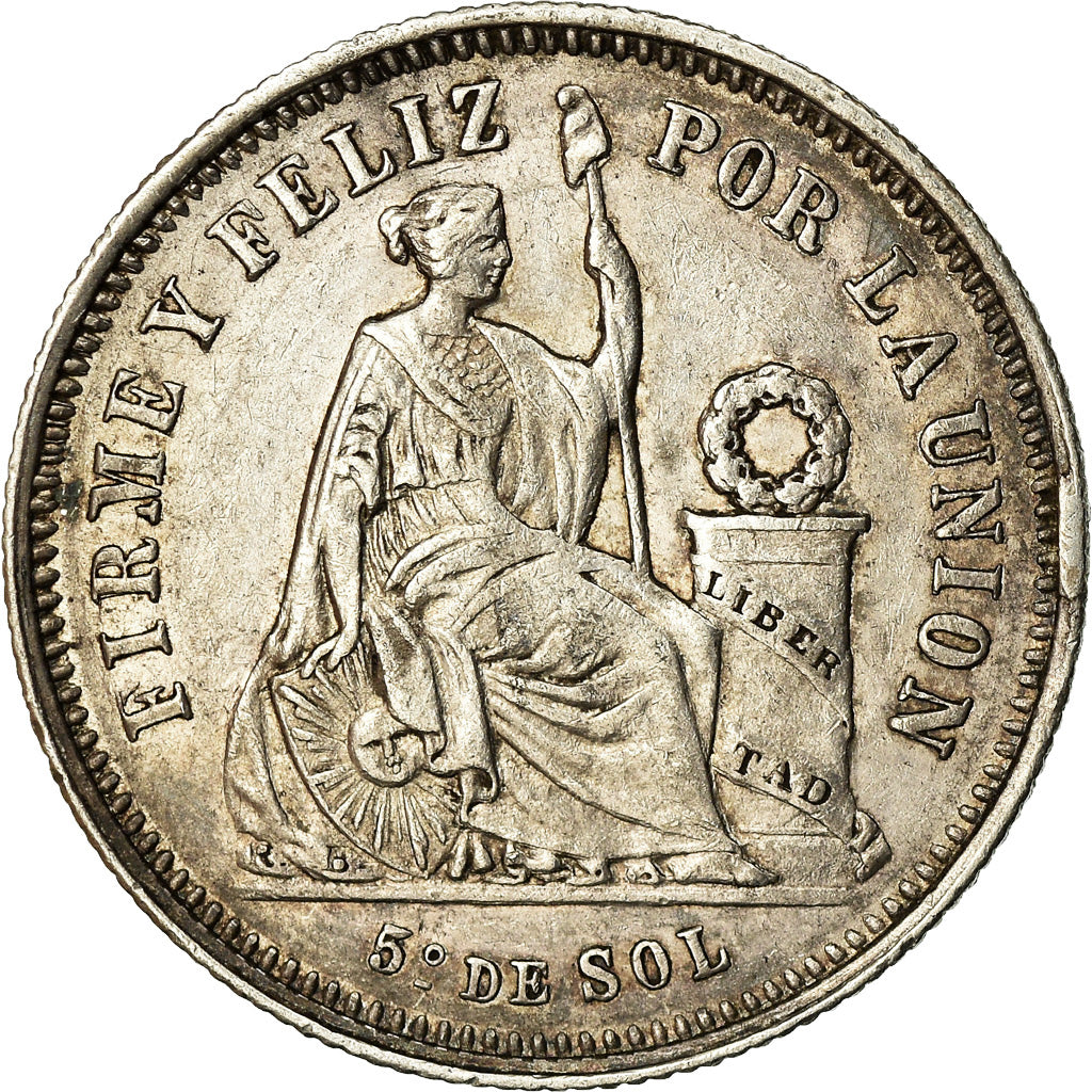 Moneda, Perú, SOUTH PERU, 1/5 Sol, 1865, Lima, MBC, Plata, KM:191