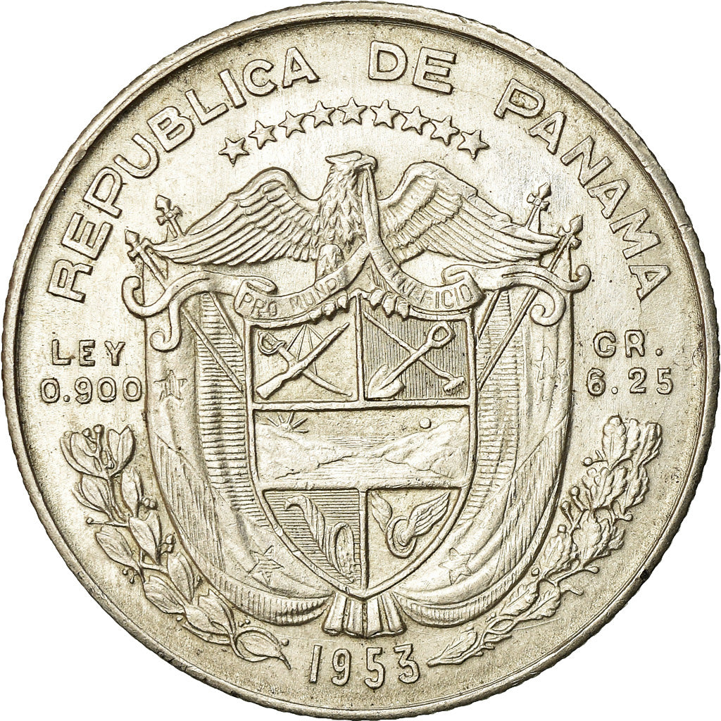 Coin, Panama, 1/4 Balboa, 1953, AU(55-58), Silver, KM:19