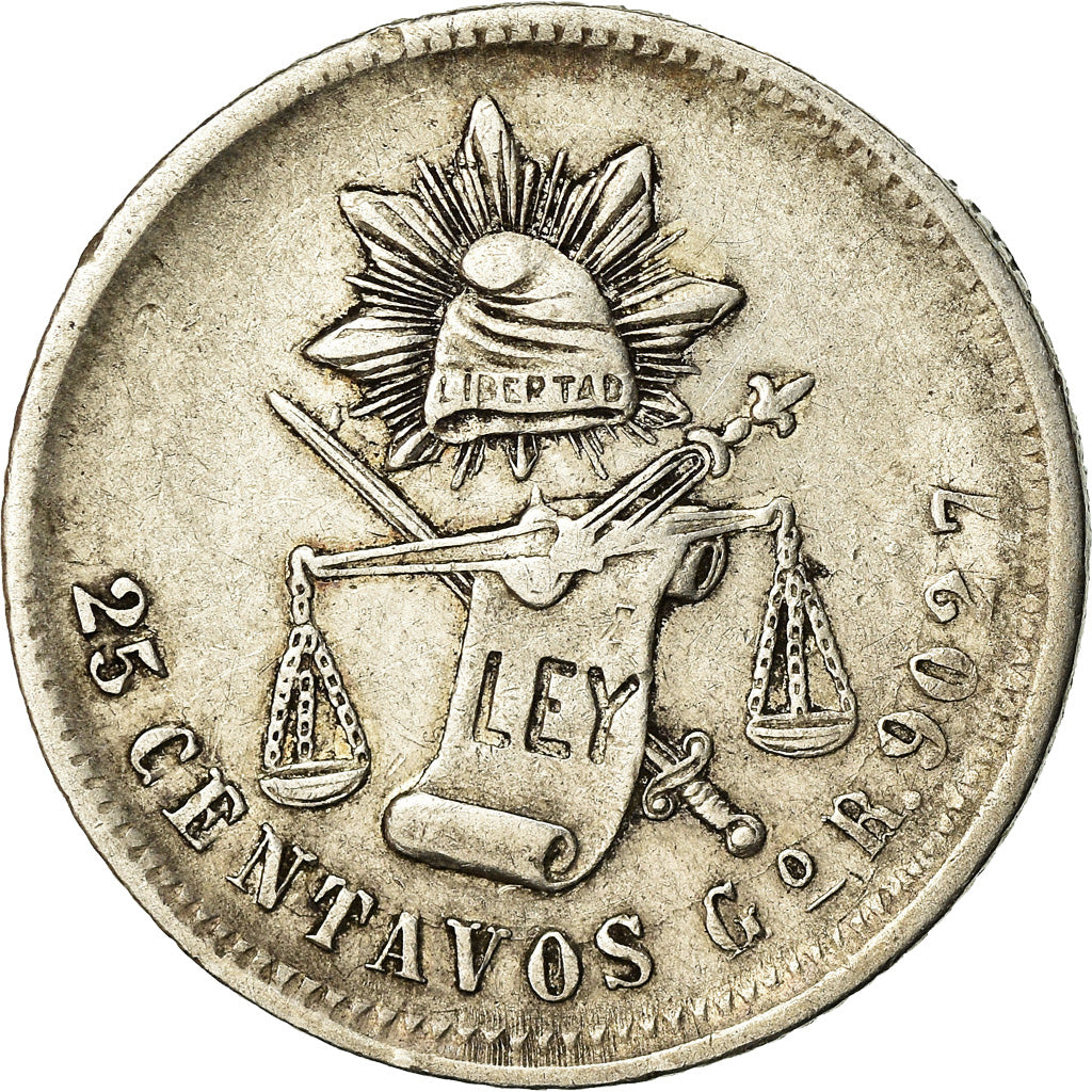Coin, Mexico, 25 Centavos, 1887, Guanajuato, EF(40-45), Silver, KM:406.5