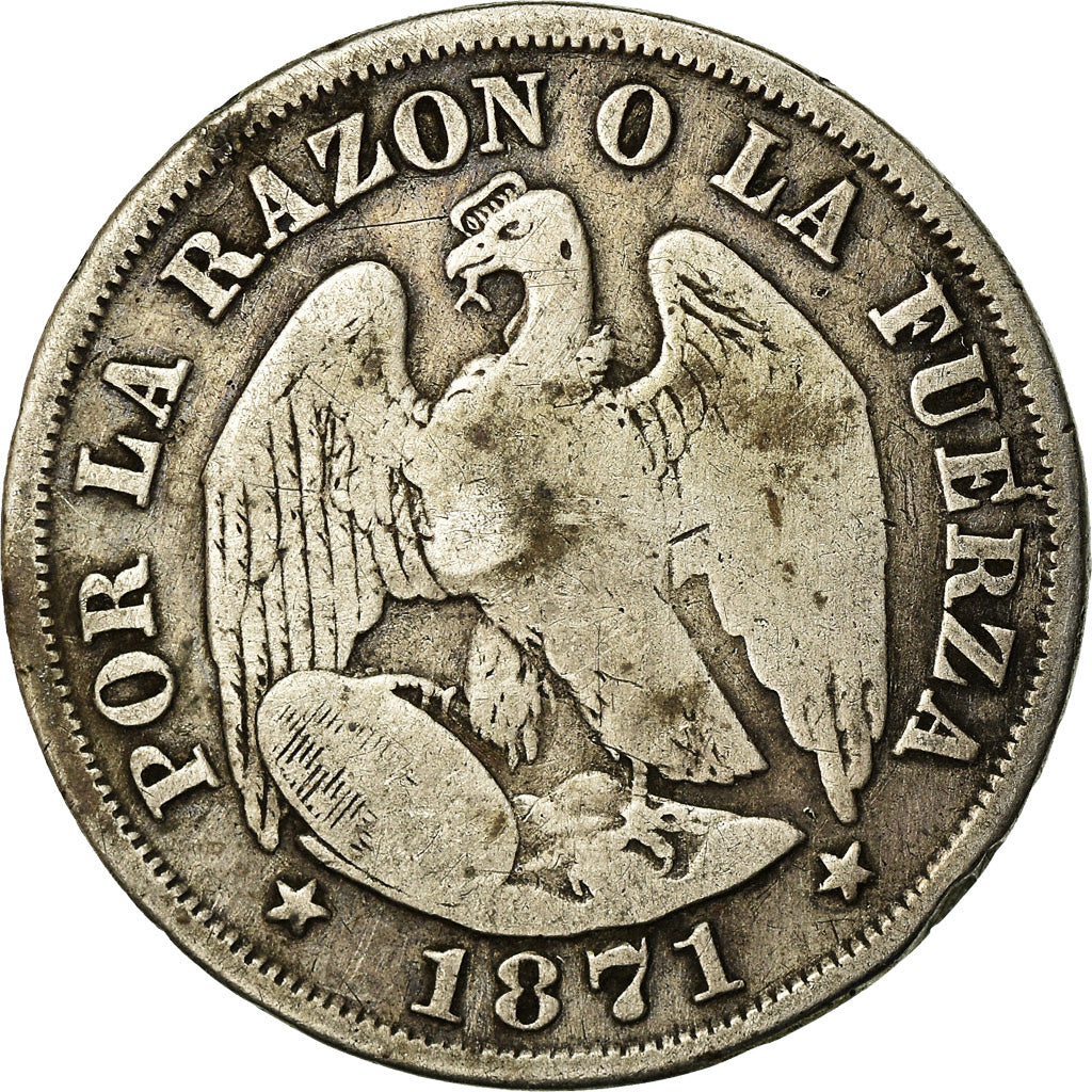 Moneda, Chile, 20 Centavos, 1871, Santiago, BC+, Plata, KM:138.1