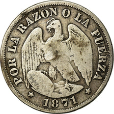 Moneda, Chile, 20 Centavos, 1871, Santiago, BC+, Plata, KM:138.1