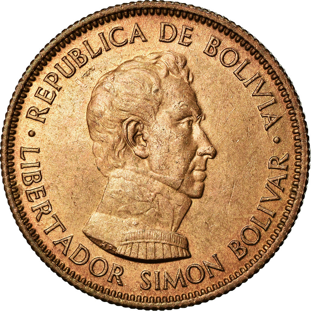 Moneda, Bolivia, 10 Bolivianos, 1 Bolivar, 1951, EBC, Bronce, KM:186