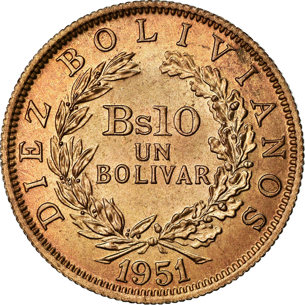 Moneda, Bolivia, 10 Bolivianos, 1 Bolivar, 1951, EBC, Bronce, KM:186