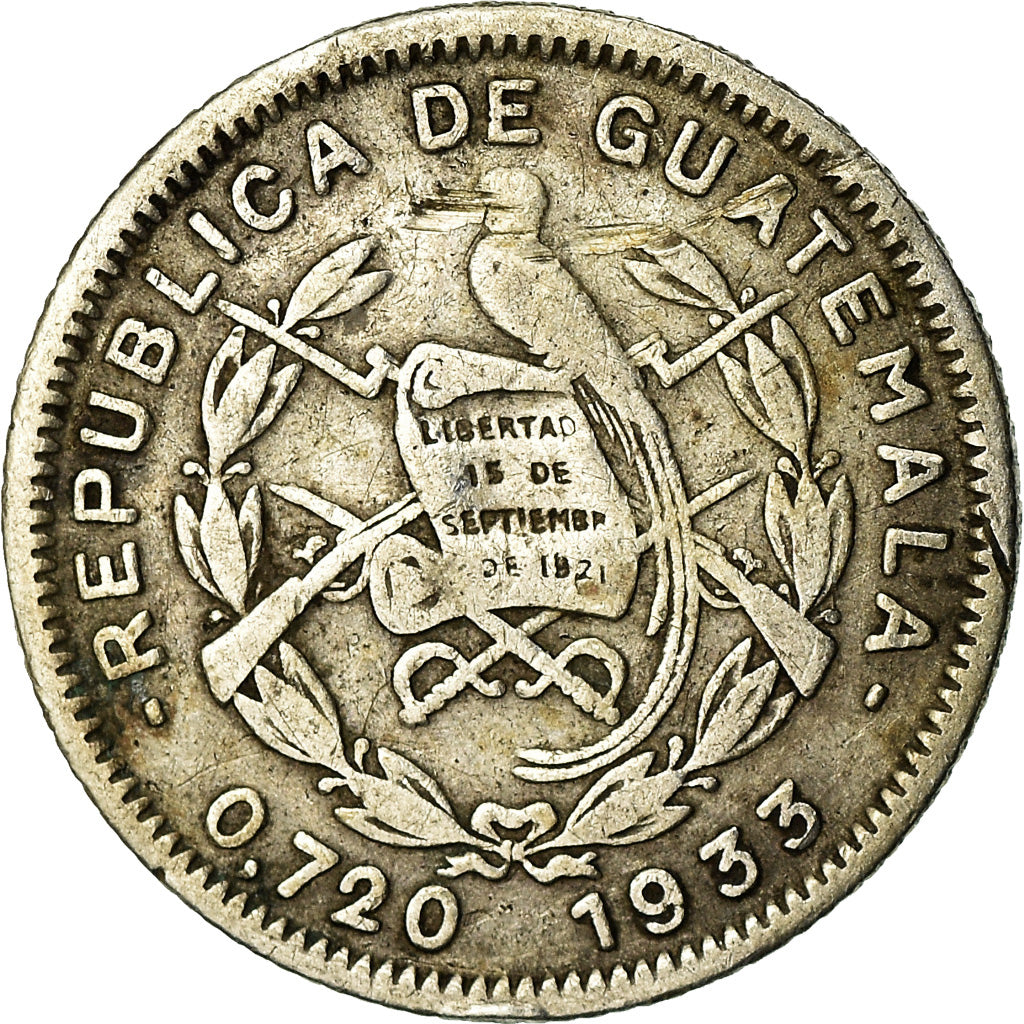Moneda, Guatemala, 5 Centavos, 1933, MBC, Plata, KM:238.2