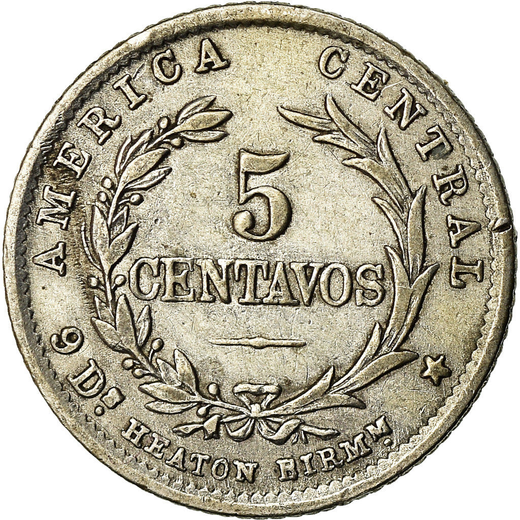 Moneda, Costa Rica, 5 Centavos, 1889, Heaton, Birmingham, England, MBC, Plata