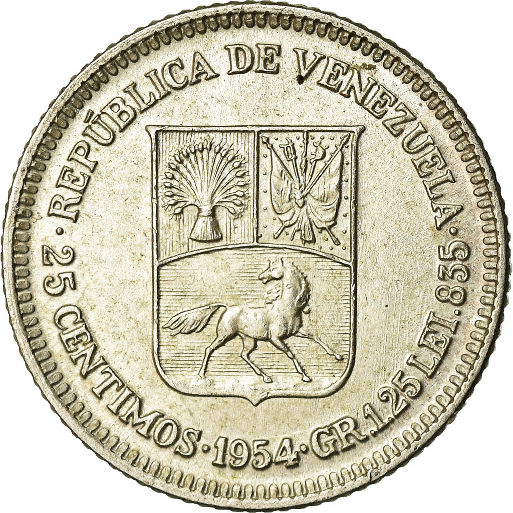 Coin, Venezuela, 25 Centimos, 1954, AU(55-58), Silver, KM:35
