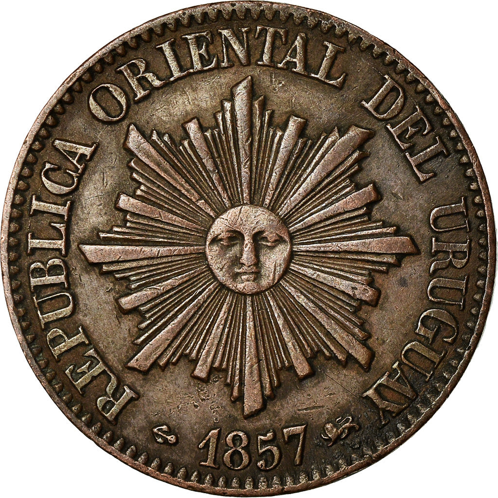 Coin, Uruguay, 5 Centesimos, 1857, Lyon, France, EF(40-45), Copper, KM:8