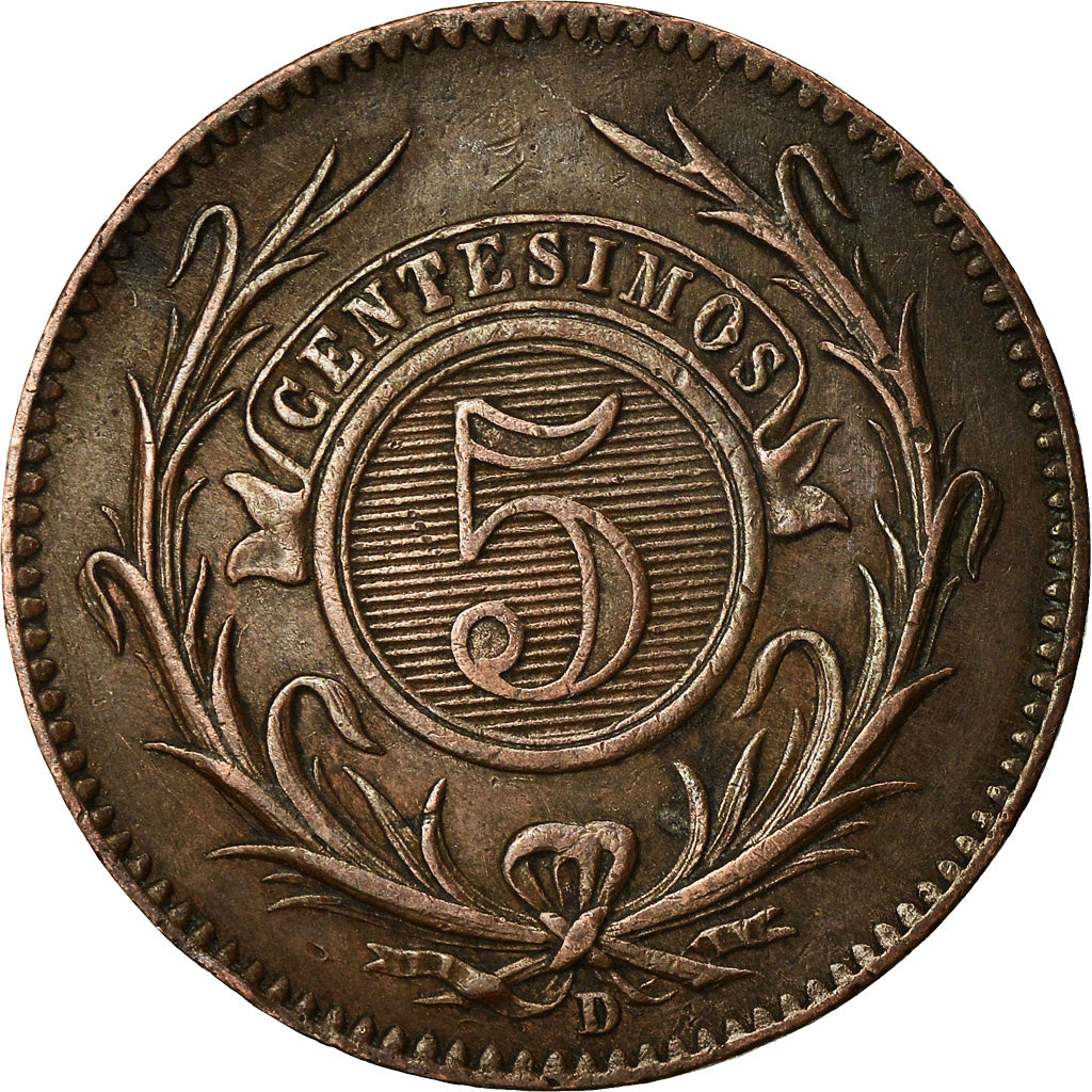 Coin, Uruguay, 5 Centesimos, 1857, Lyon, France, EF(40-45), Copper, KM:8