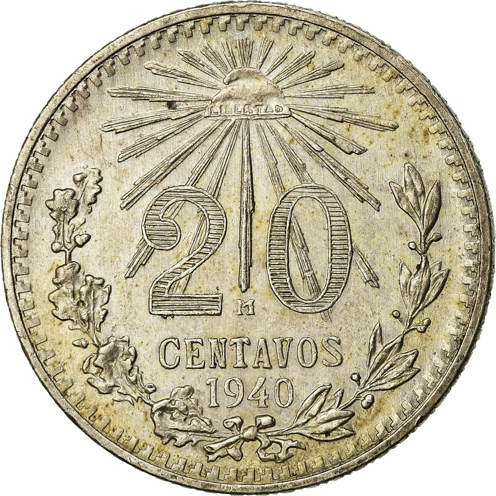 Coin, Mexico, 20 Centavos, 1940, Mexico City, AU(50-53), Silver, KM:438