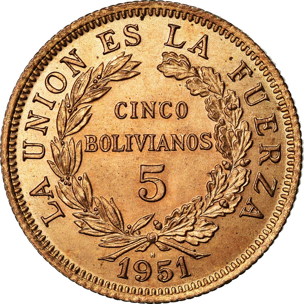 Moneda, Bolivia, 5 Bolivianos, 1951, EBC, Bronce, KM:185