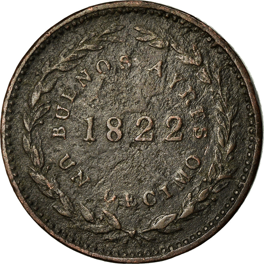 Moneda, Argentina, BUENOS AIRES, Decimo, 1822, Buenos Aires, BC+, Cobre, KM:1
