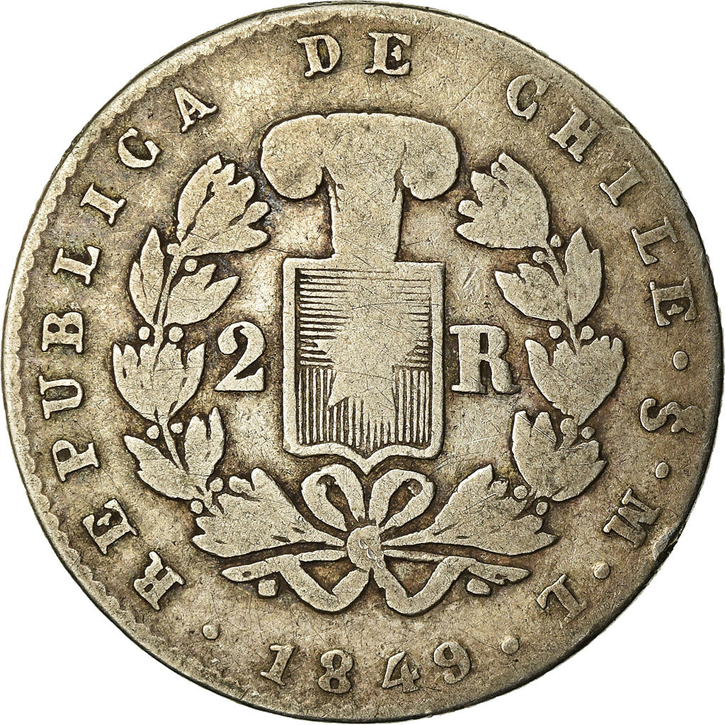 Moneda, Chile, 2 Reales, 1849, Santiago, BC+, Plata, KM:100.2