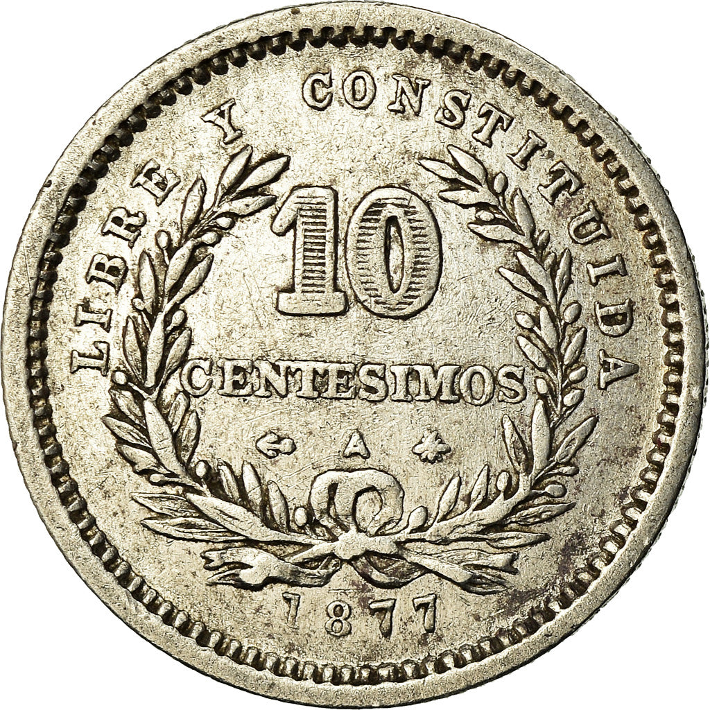 Coin, Uruguay, 10 Centesimos, 1877, Paris, Berlin, Vienna, EF(40-45), KM 14