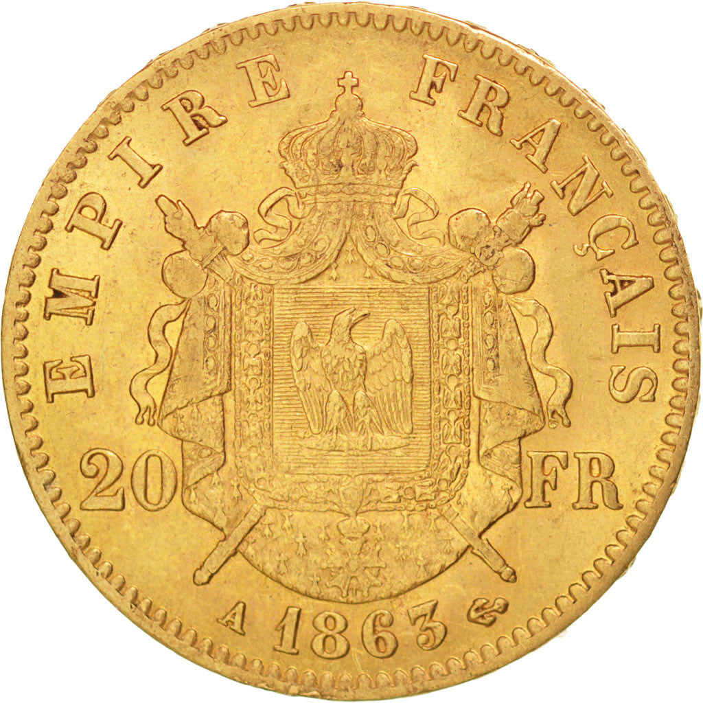 FRANCE, Napoléon III, 20 Francs, 1863, Paris, KM #801.1, AU(55-58), Gold, Gadour