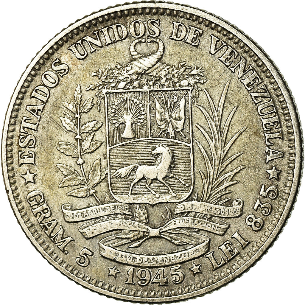Coin, Venezuela, Gram 5, Bolivar, 1945, Philadelphia, EF(40-45), Silver, KM:22a