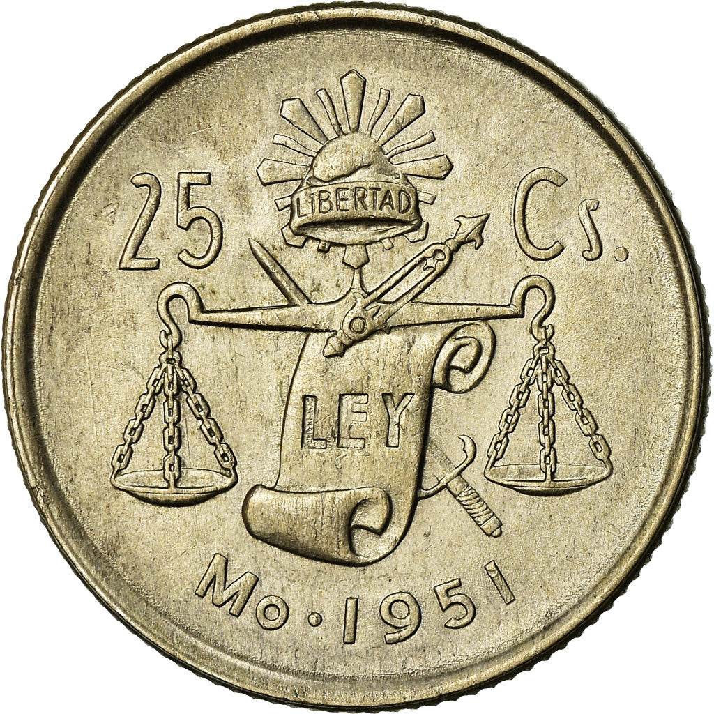 Coin, Mexico, 25 Centavos, 1951, Mexico City, AU(50-53), Silver, KM:443