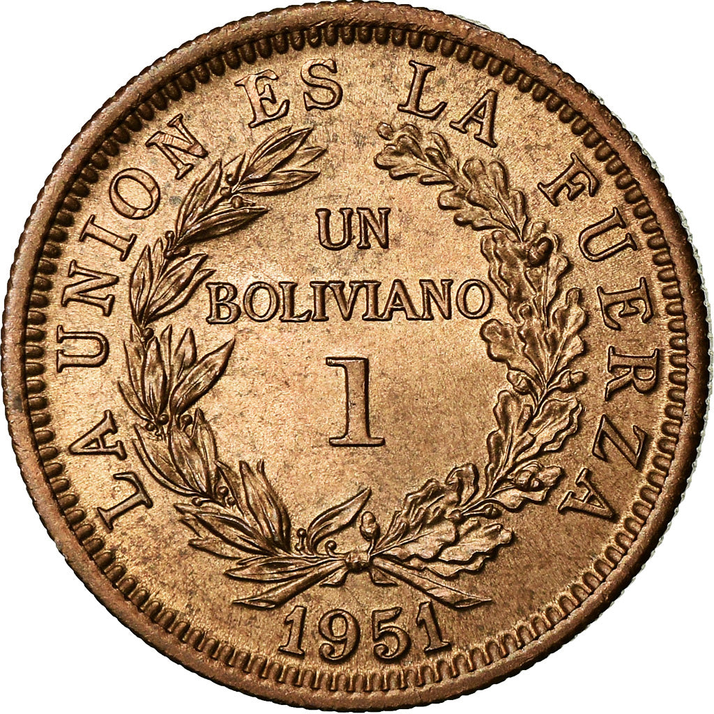 Coin, Bolivia, Boliviano, 1951, AU(55-58), Bronze, KM:184