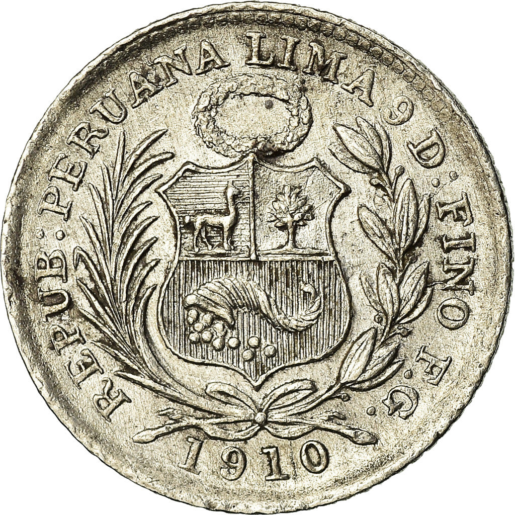 Coin, Peru, 1/2 Dinero, 1910, Lima, AU(55-58), Silver, KM:206.2