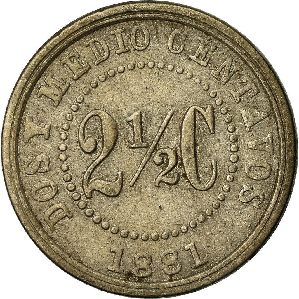 Coin, Colombia, 2-1/2 Centavos, 1881, Waterbury, CT, USA, EF(40-45), KM 179