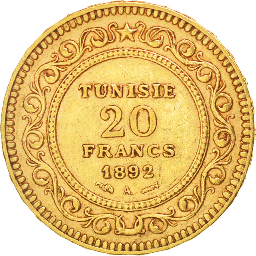 Münze, Tunesien, Ali Bey, 20 Francs, 1892, Paris, SS, Gold, KM:227