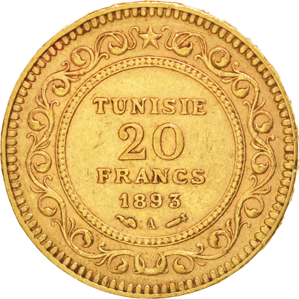 Moneta, Tunisia, Ali Bey, 20 Francs, 1893, Paris, BB, Oro, KM:227, Lecompte:446