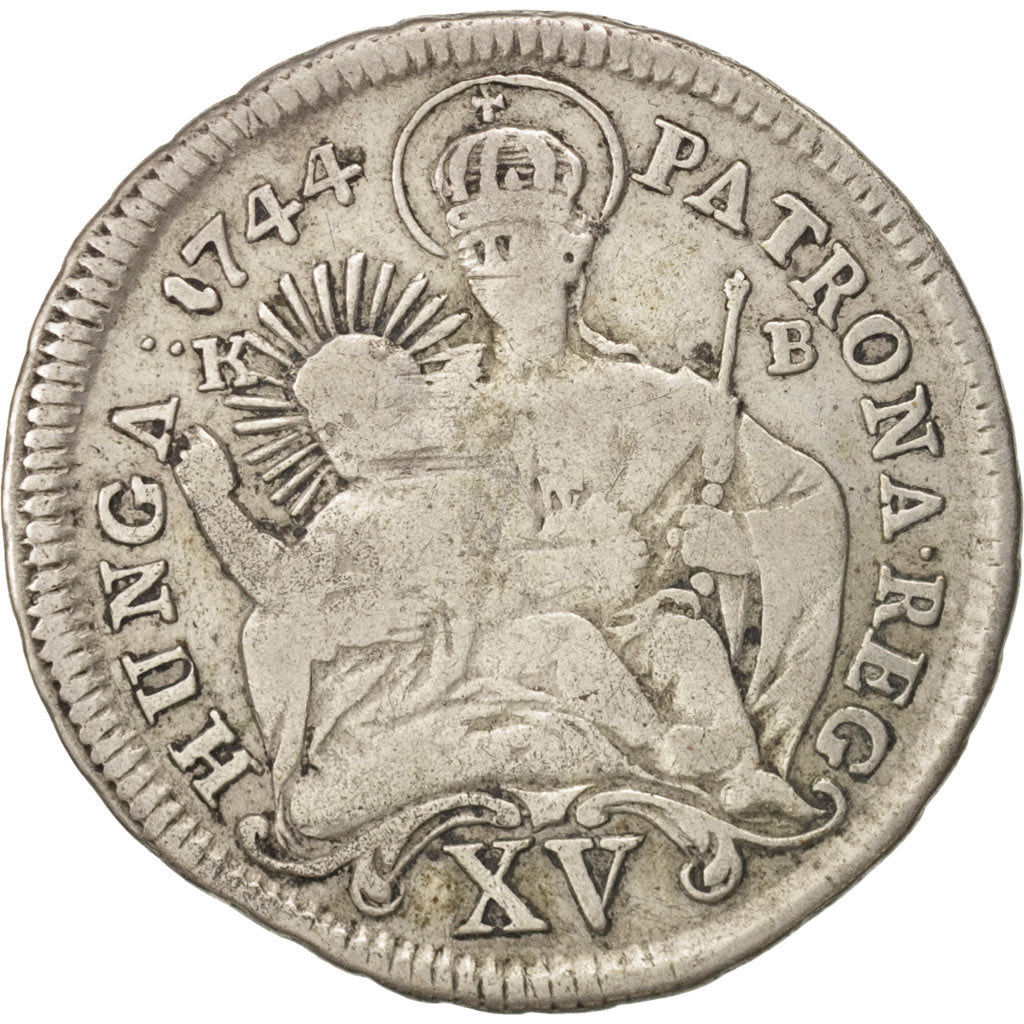 Moneda, Hungría, Maria Theresia, 15 Krajczar, 1744, Kremnitz, BC+, Plata