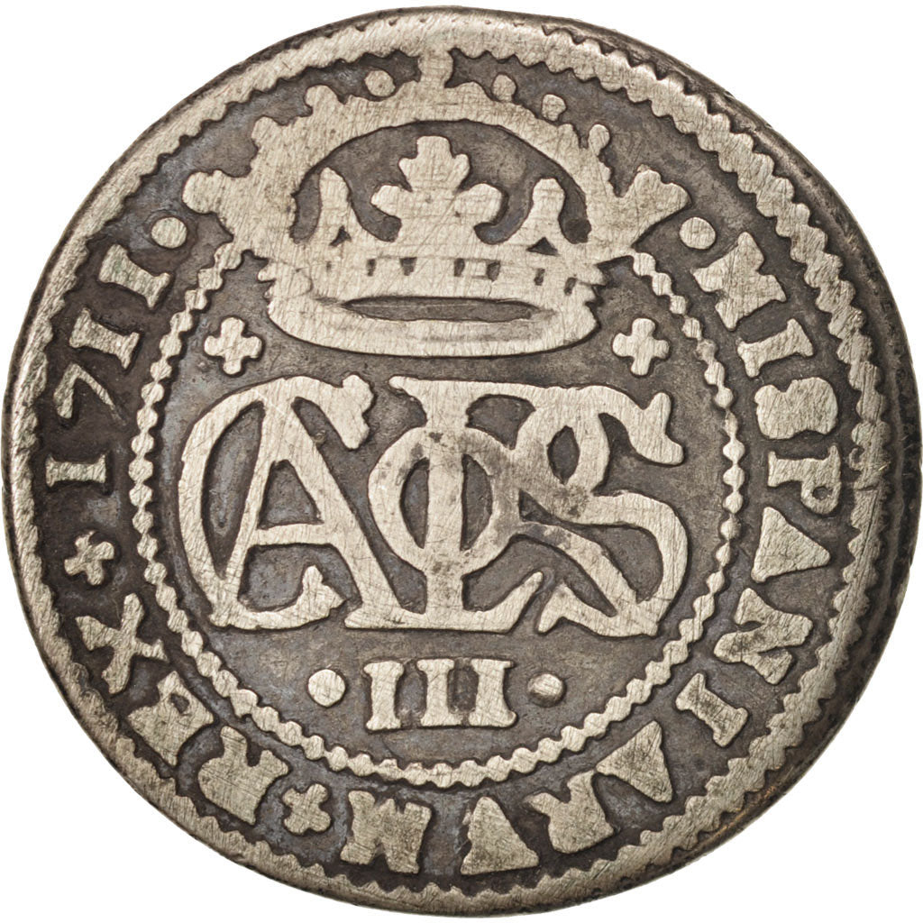 Coin, Spain, Charles III, 2 Reales, 1711, Barcelona, VF(30-35), Silver, KM:PT5