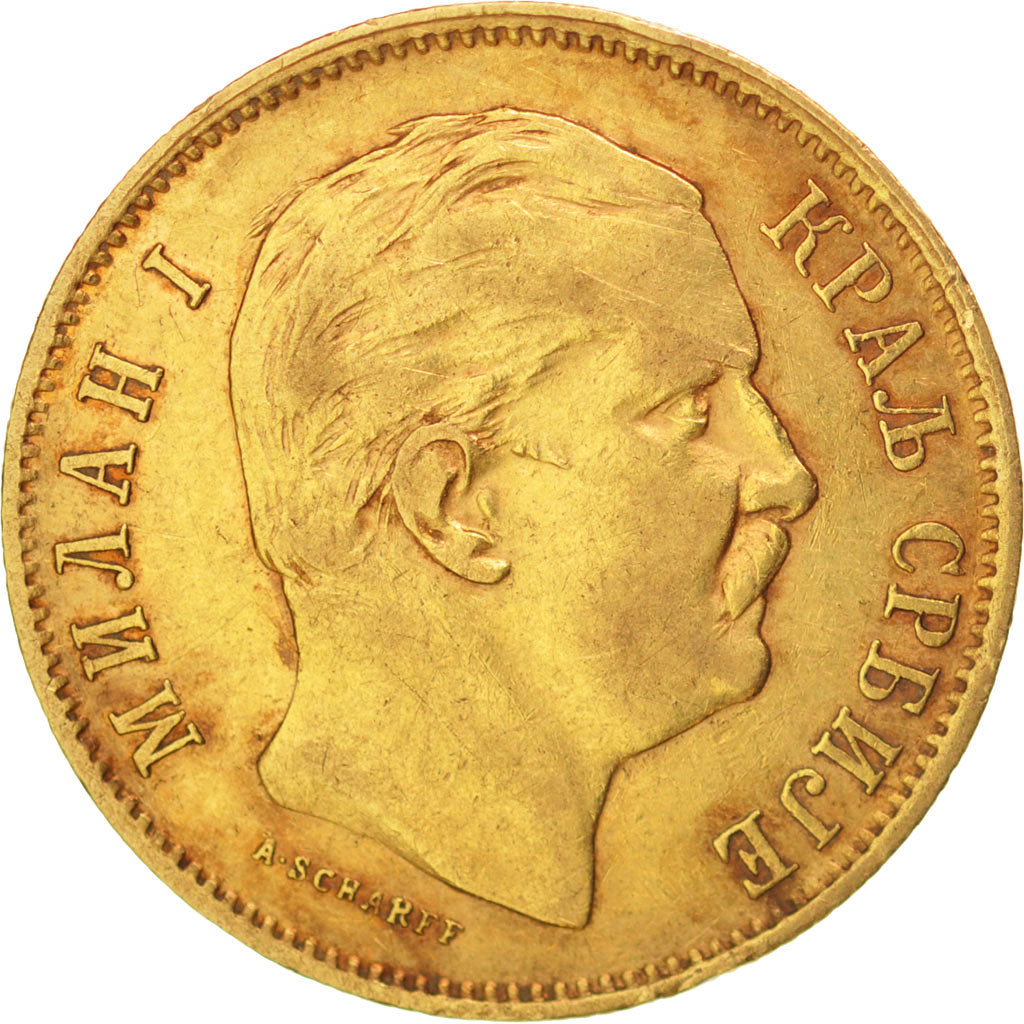 SERBIA, 10 Dinara, 1882, Vienne, KM #16, AU(50-53), Gold, 3.21