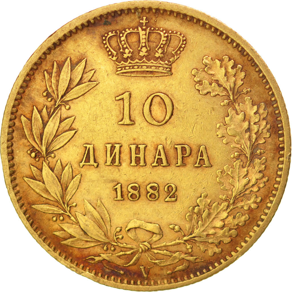 SERBIA, 10 Dinara, 1882, Vienne, KM #16, AU(50-53), Gold, 3.21