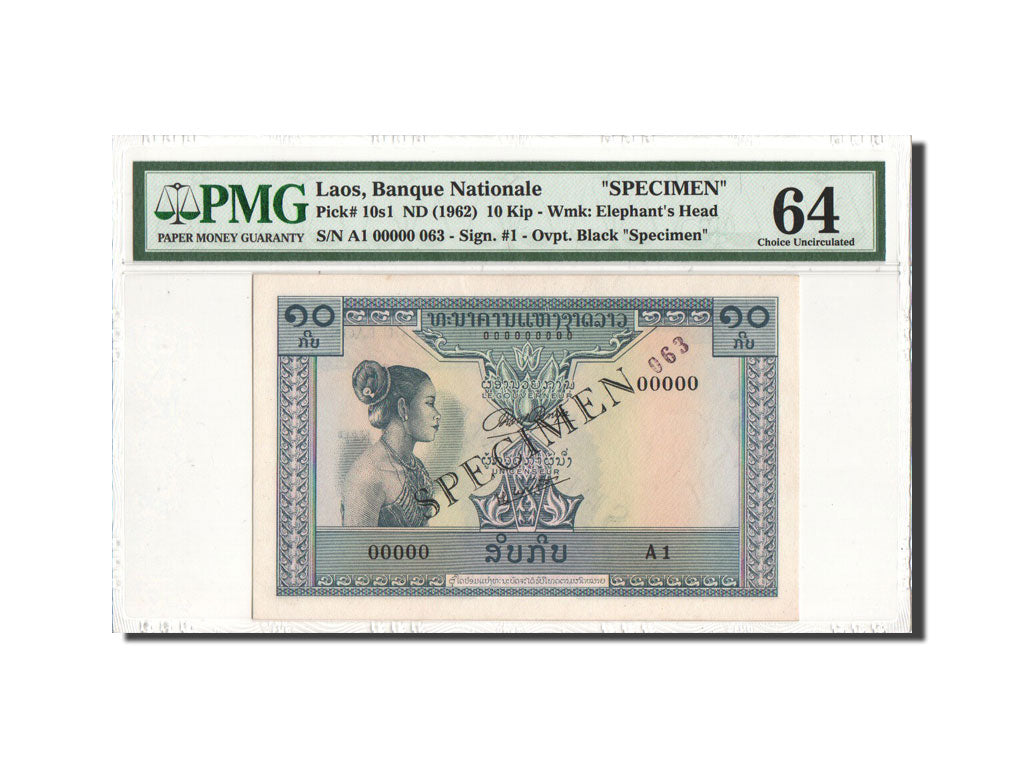 Lao, 10 Kip, 1962, SPECIMEN N°063, PMG Ch UNC 64, KM:10s1