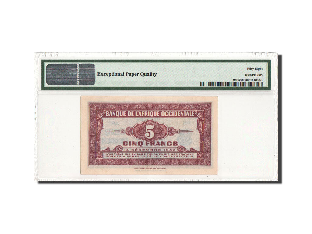 French West Africa, 5 Francs, 14.12.1942, PMG Ch AU58, KM:28b