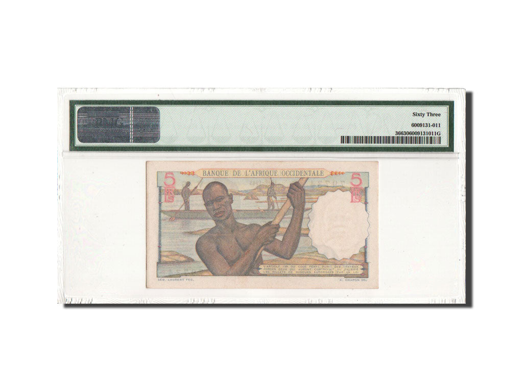 Billet, French West Africa, 5 Francs, 1943, 17.8.1943, KM:36, Gradée, PMG