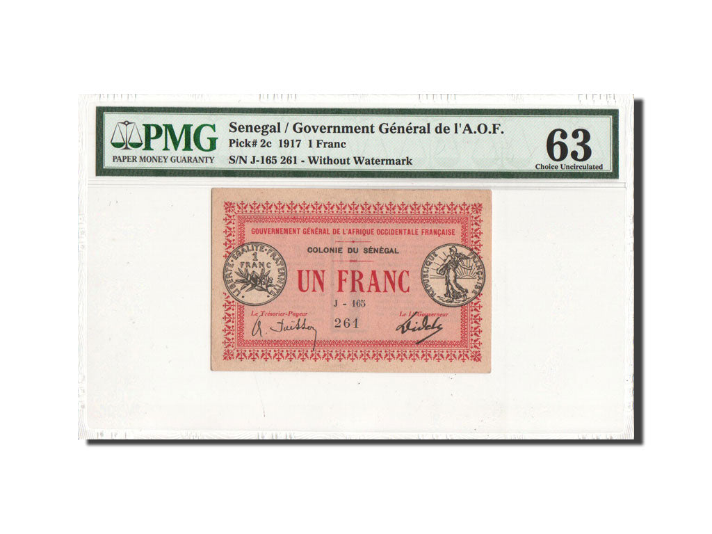 Banknote, Senegal, 1 Franc, 1917, KM:2c, graded, PMG, 6009131-014, UNC(63)