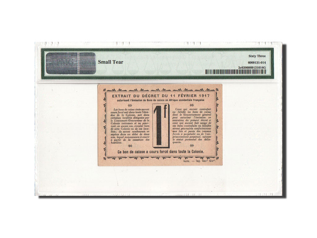 Banknote, Senegal, 1 Franc, 1917, KM:2c, graded, PMG, 6009131-014, UNC(63)