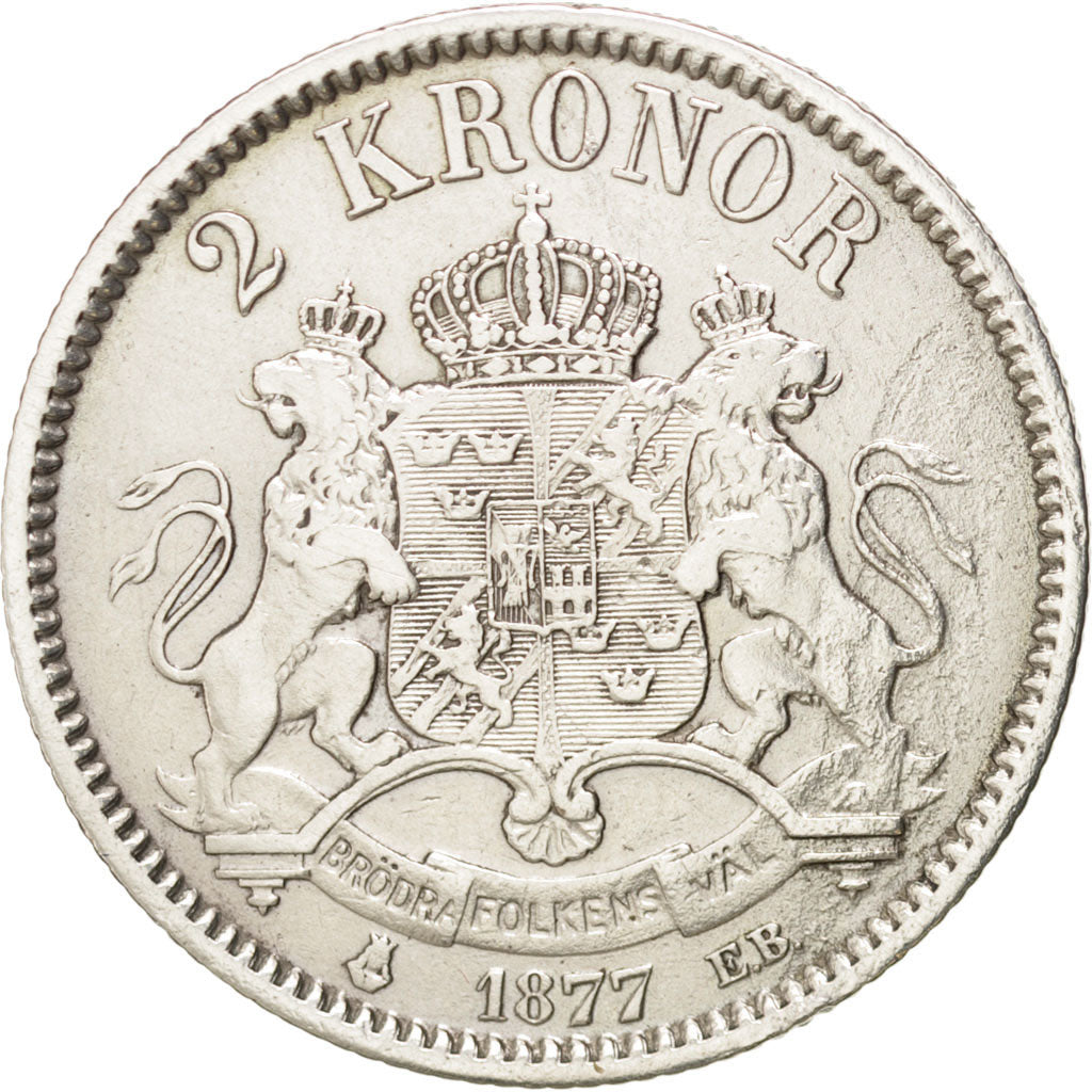 SWEDEN, 2 Kronor, 1877, KM #742, AU(50-53), Silver, 31, 14.71