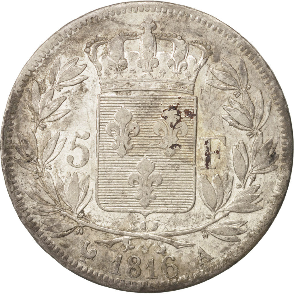 Moneda, Francia, Louis XVIII, Louis XVIII, 5 Francs, 1816, Paris, BC+, Plata