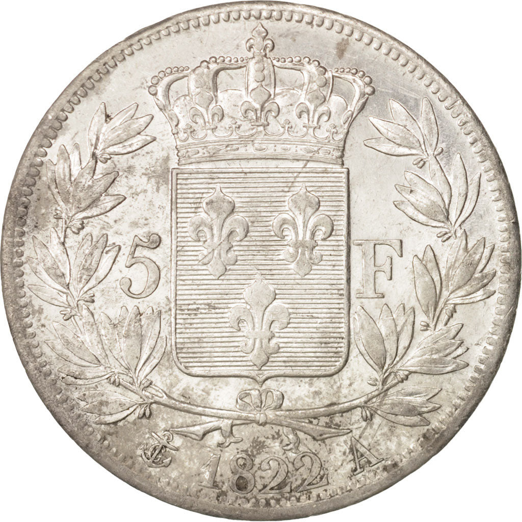 Moneta, Francia, Louis XVIII, Louis XVIII, 5 Francs, 1822, Paris, BB+, Argento