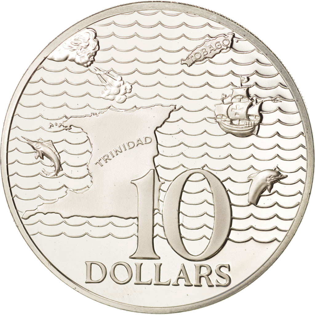 Coin, TRINIDAD & TOBAGO, 10 Dollars, 1973, Franklin Mint, MS(65-70), Silver