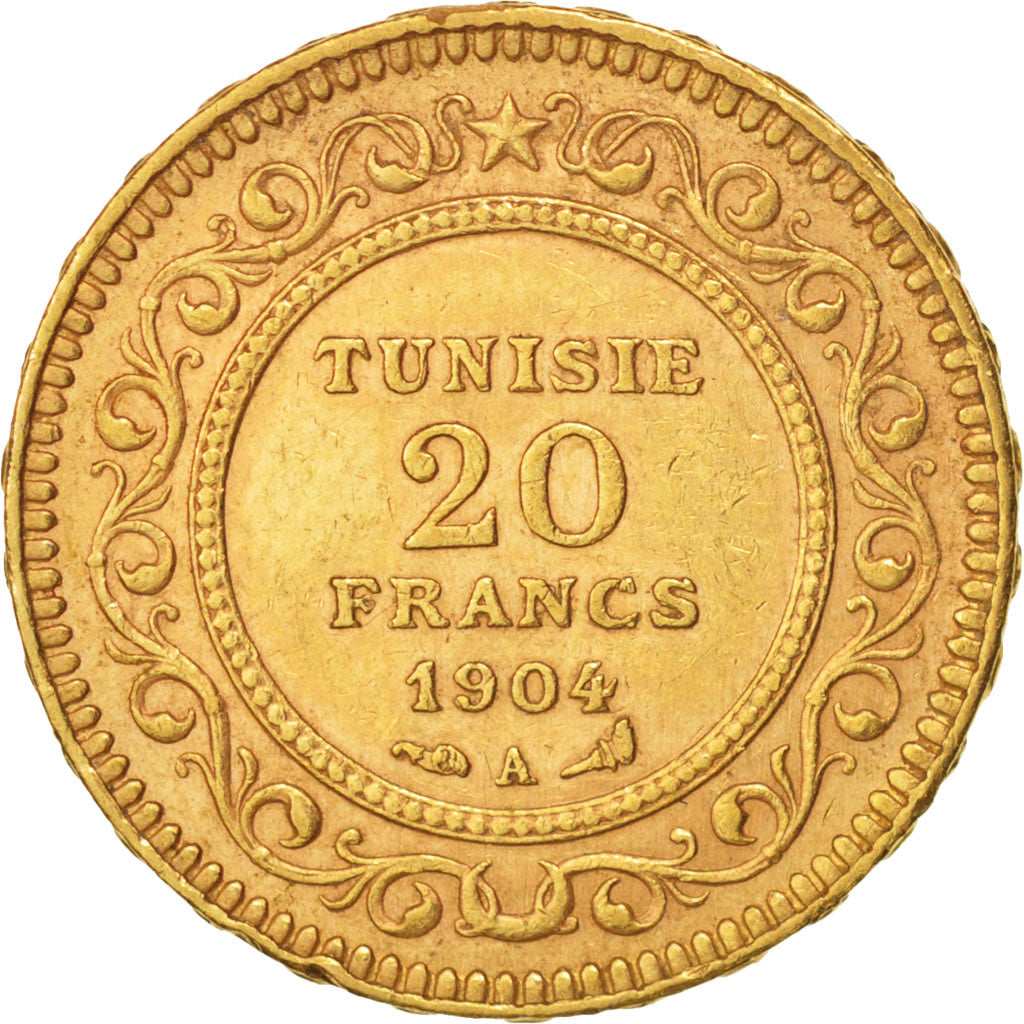 Tunisia, Muhammad al-Hadi Bey, 20 Francs, 1904, Paris, Gold, KM:234