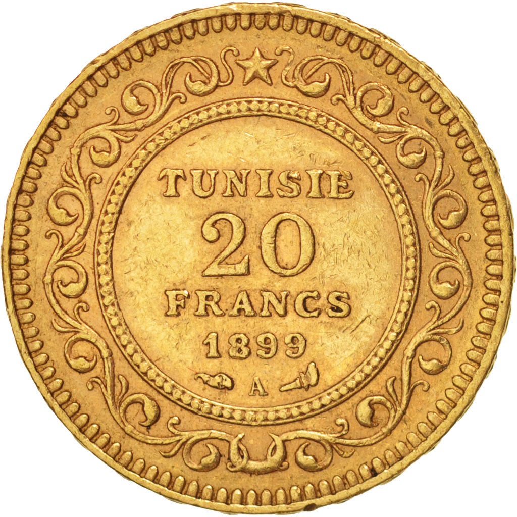 Coin, Tunisia, Ali Bey, 20 Francs, 1899, Paris, EF(40-45), Gold, KM:227