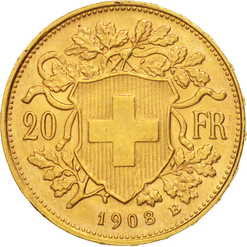 Suiza, 20 Francs, 1908, Bern, Oro, KM:35.1